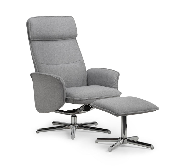 Aria Recliner & Stool with Chrome Base - Grey Linen