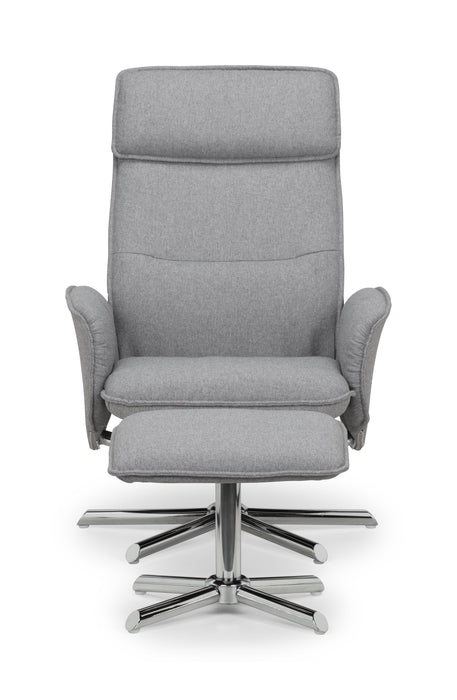 Aria Recliner & Stool with Chrome Base - Grey Linen