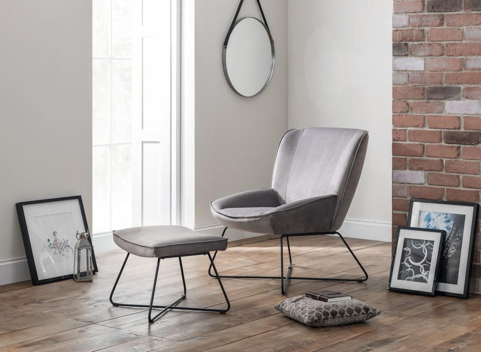 Mila Velvet Accent Chair with Stool - Grey
